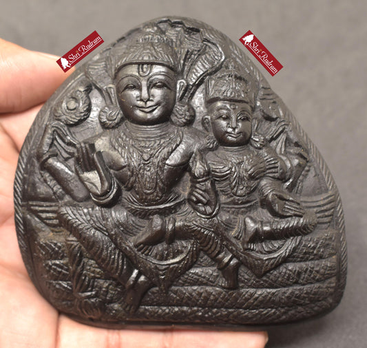 ShriRudram Vishnu Luxmi Murti / Laxmi Narayan Idol Carved on Golden Sudarshan Shaligram Nepal VL240