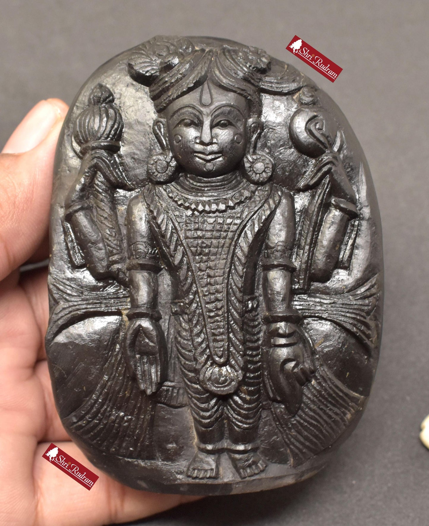 ShriRudram Dwarkadhish Murti / Dwarkadhesh Krishna Idol Carved on Sudarshan Shaligram DW320