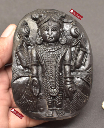 ShriRudram Dwarkadhish Murti / Dwarkadhesh Krishna Idol Carved on Sudarshan Shaligram DW320