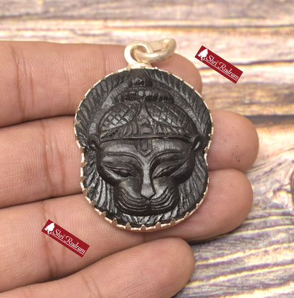 ShriRudram Narsimha Face / Narasimha Carved on Sudarshan Shaligram Locket Pendant Silver NNL20